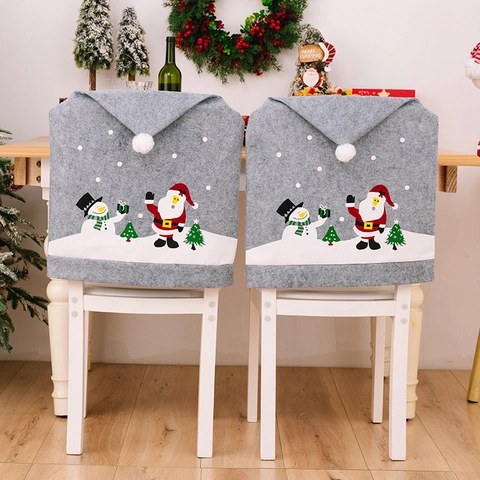 Weihnachten Stuhlbezug Grau Filz Sitzrückenbezüge Mit Weihnachtsmann Schneemann Druck Pompon Für Feiertag Party Heimtextilien