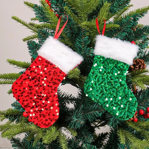 Christmas Sequin Stocking With Plush White Faux Fur Trim Red Green Sparkly Hanging Ornament Tree Decor Candy Gift Bag