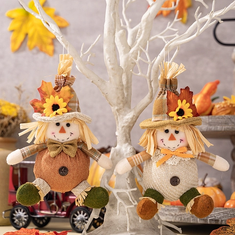 Harvest Season Scarecrow Plush Doll Thanksgiving Decorations Sunflower Maple Leaf Plaid Fabric Hanging Ornament For Home