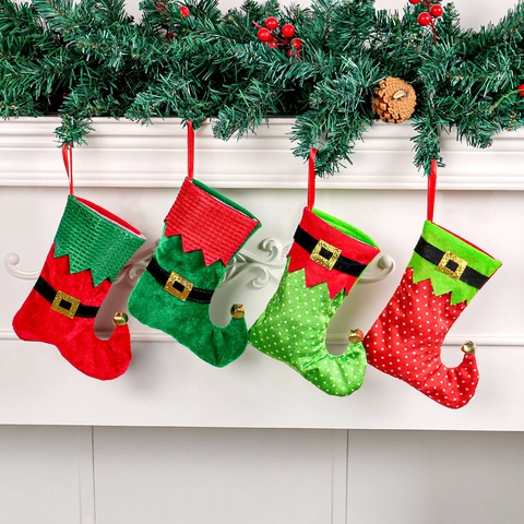 Calze di Natale a Forma di Stivale da Elfo Con Fibbia e Campanelli Rosso Verde a Pois Ornamenti Appesi in Tessuto per Festa Casa