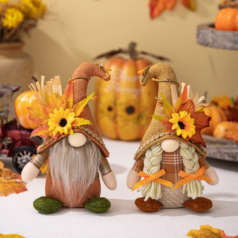 Gnome de l'Action de Grâce Décoration en Peluche Tournesol Feuille d'Érable Récolte d'Automne Poupée Rudolph Sans Visage Ornement de Table