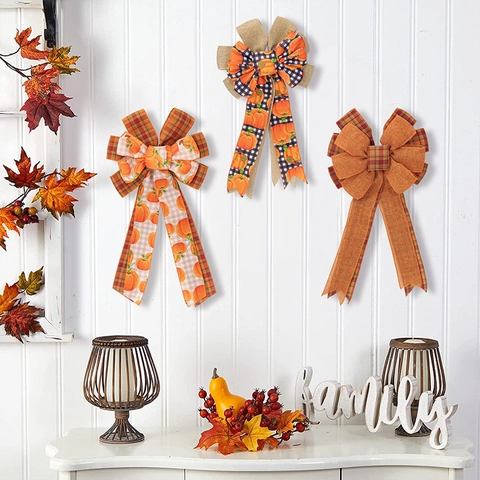 Grande Fiocco Decorativo con Zucca per il Giorno del Ringraziamento Decorazione Ghirlanda Raccolto Autunnale Fiocco in Juta a Quadri