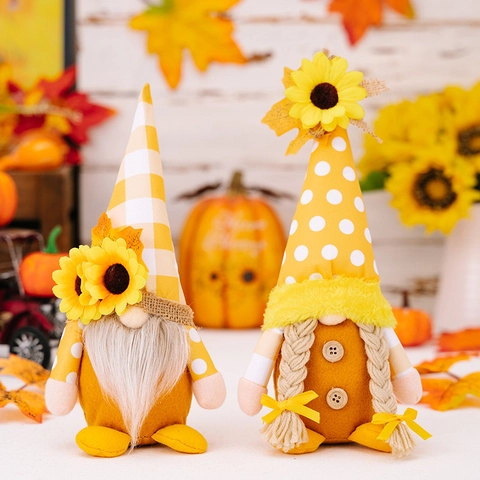 Gnomo con Girasole Autunnale Decorazioni per il Giorno del Ringraziamento Foglia di Acero Quadri Pois Bambola Senza Volto per Casa