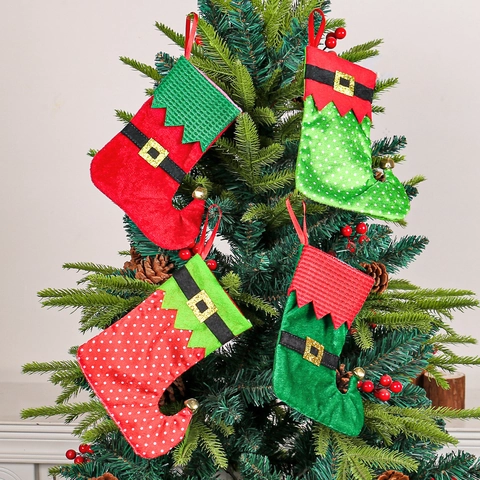 Calze di Natale a Forma di Stivale da Elfo Con Fibbia e Campanelli Rosso Verde a Pois Ornamenti Appesi in Tessuto per Festa Casa
