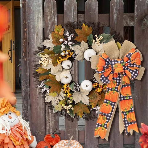 Grande Fiocco Decorativo con Zucca per il Giorno del Ringraziamento Decorazione Ghirlanda Raccolto Autunnale Fiocco in Juta a Quadri