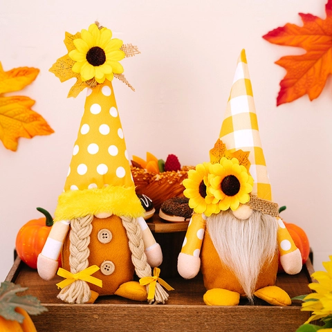 Gnomo con Girasole Autunnale Decorazioni per il Giorno del Ringraziamento Foglia di Acero Quadri Pois Bambola Senza Volto per Casa