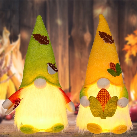 Nordischer Erntedankfest Zwerg Plüsch Mit Warmen LED Lichter Thanksgiving Herbst Dekorationen Gesichtslose Puppe Tisch Ornament Grün Gelb