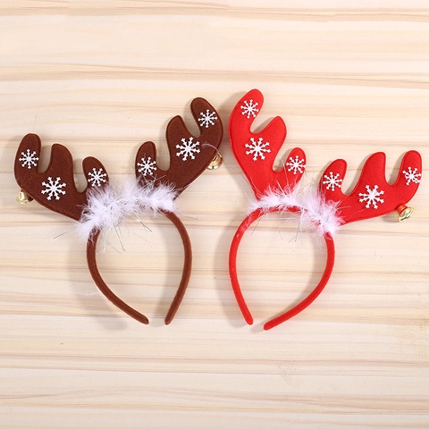 Christmas Antler Headband With Snowflake Print Feather And Bell Decoration Red Khaki Reindeer Horn Hair Hoop For Holiday Party Decor