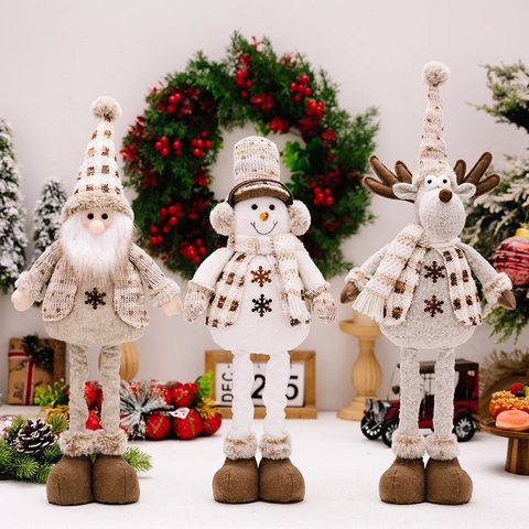 Poupée de Noël Rétractable Ornement Père Noël Bonhomme de Neige Renne Figurine en Peluche Jambes Longues Décoration de Noël