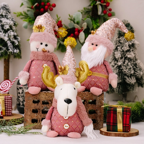 Pink Gold Christmas Plush Gnome Snowman Reindeer Ornaments Polyester Fabric Sequin For Holiday Home Window Party Decor