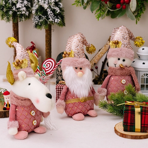 Pink Gold Christmas Plush Gnome Snowman Reindeer Ornaments Polyester Fabric Sequin For Holiday Home Window Party Decor
