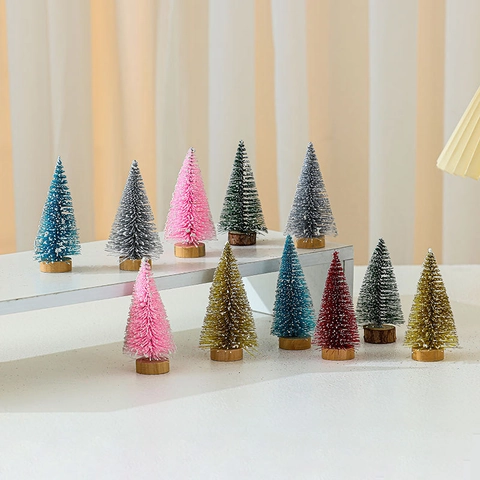 Mini Colorful Christmas Tree Glitter Cedar Pine Tree With Wood Base Snow Frosted Desktop Ornament Festive Home Decor