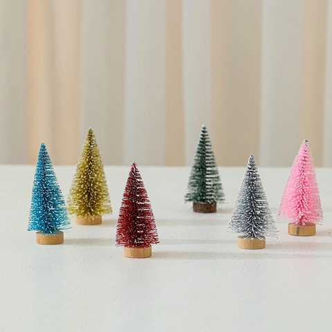 Mini Colorful Christmas Tree Glitter Cedar Pine Tree With Wood Base Snow Frosted Desktop Ornament Festive Home Decor
