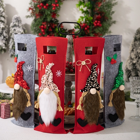 Funda Botella Vino Gnomo Navidad Bolsa Fieltro Rudolf Con Lentejuelas Copo Nieve Decoración Mesa Festiva