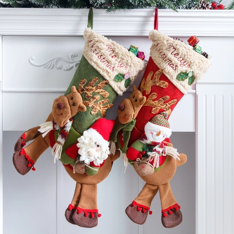 Groß Nikolausstiefel Mit 3D Weihnachtsmann Rentier Schneemann Plüschpuppe Weihnachten Hängende Geschenktüte Kamin Deko
