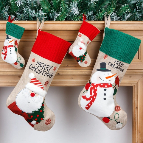 Burlap Knitted Christmas Stockings Santa Claus Snowman Applique Hanging Gift Candy Bags Holiday Decor For Christmas Tree Home Party