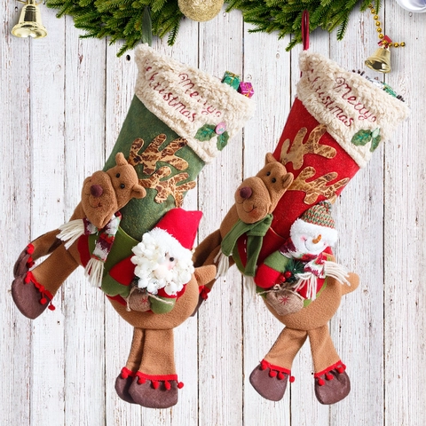 Groß Nikolausstiefel Mit 3D Weihnachtsmann Rentier Schneemann Plüschpuppe Weihnachten Hängende Geschenktüte Kamin Deko