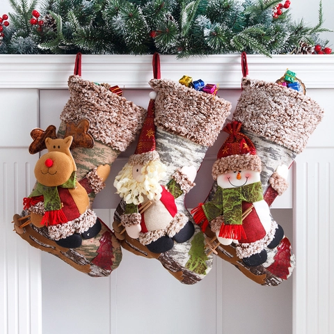 Calcetín de Navidad Grande Con Papá Noel Muñeco de Nieve Reno 3D Peluche Pelo Sintético Bolsa Regalo Caramelos Decoración