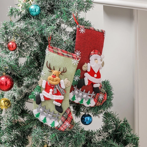 Large Burlap Christmas Stocking Gift Bag Cartoon Santa Snowman Reindeer Bear Hanging Ornament Xmas Party Decoration