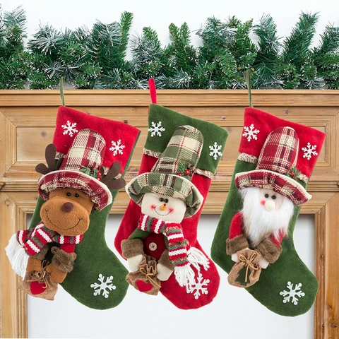 Grande Chaussette de Noël Avec Père Noël Bonhomme de Neige Renne Plaid Sac Cadeau Suspendu Décoration de Noël