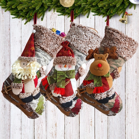 Calcetín de Navidad Grande Con Papá Noel Muñeco de Nieve Reno 3D Peluche Pelo Sintético Bolsa Regalo Caramelos Decoración