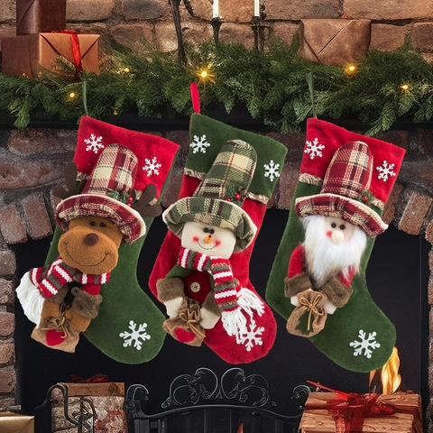 Grande Chaussette de Noël Avec Père Noël Bonhomme de Neige Renne Plaid Sac Cadeau Suspendu Décoration de Noël