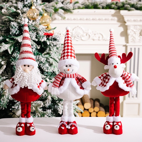 Bambola Telescopica di Natale Babbo Natale Pupazzo di Neve Renna Ornamento in Peluche Strisce Bianche Rosse Gamba Lunga Decorazione Festiva