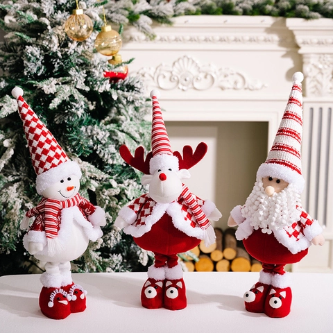 Bambola Telescopica di Natale Babbo Natale Pupazzo di Neve Renna Ornamento in Peluche Strisce Bianche Rosse Gamba Lunga Decorazione Festiva
