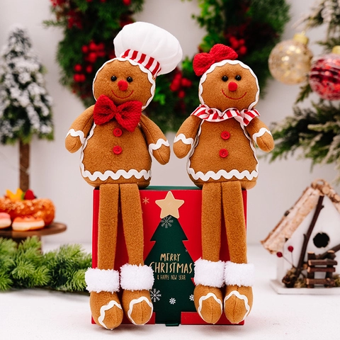 Bambola di Peluche Omino Pan di Zenzero Natalizio Ornamento Seduto Gambe Lunghe Con Cappello da Chef Decorazione Casa