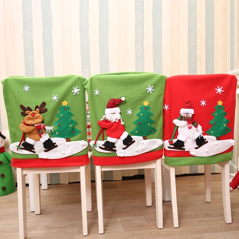 Christmas Chair Back Covers With 3D Applique Santa Claus Snowman Reindeer For Dining Room Restaurant Hotel Decoration Xmas