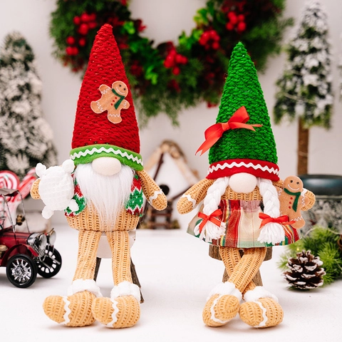 Lichtgevende Kerst Peperkoekman Kabouter Ornament Met LED Licht Gebreide Polyester Doek Lange Benen Zittende Kabouter Decor