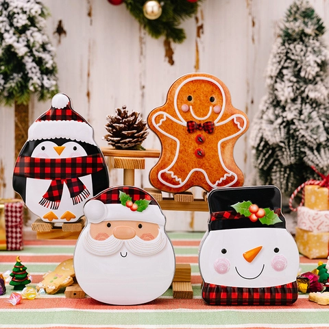 Christmas Tin Box Metal Candy Storage Jar Buffalo Plaid Santa Snowman Penguin Gingerbread Man Shape Holiday Gift Container