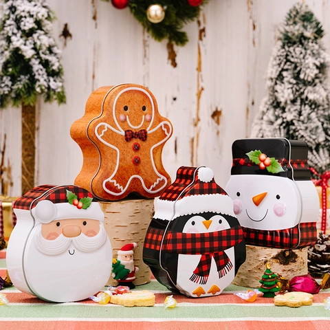 Christmas Tin Box Metal Candy Storage Jar Buffalo Plaid Santa Snowman Penguin Gingerbread Man Shape Holiday Gift Container