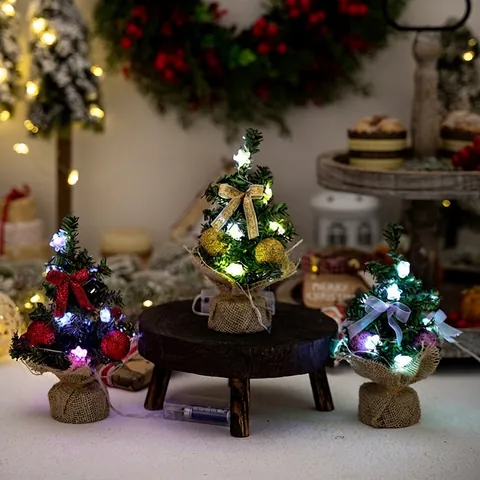 Mini LED Christmas Tree Burlap Base Ornaments Star Topper Artificial Small Xmas Tree For Desktop Tabletop Home Office Decor