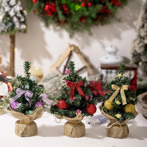 Mini LED Christmas Tree Burlap Base Ornaments Star Topper Artificial Small Xmas Tree For Desktop Tabletop Home Office Decor