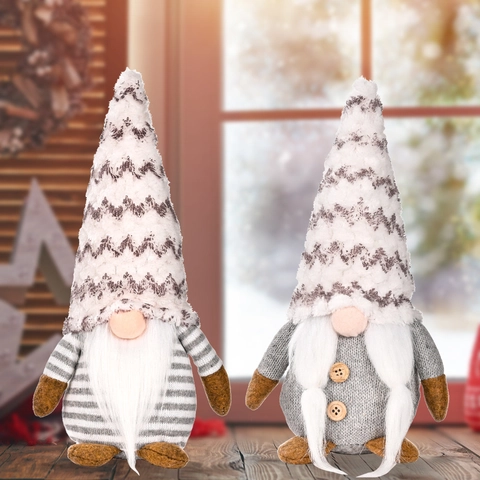 Handgefertigte Weihnachten Gnom Plüsch Dekoration Grau Gestreift Gesichtslose Puppe Nordic Tomte Figur Mit Holzknöpfen Tischdeko