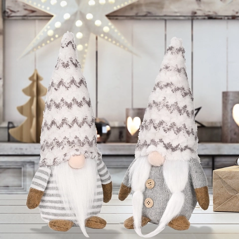 Handgefertigte Weihnachten Gnom Plüsch Dekoration Grau Gestreift Gesichtslose Puppe Nordic Tomte Figur Mit Holzknöpfen Tischdeko