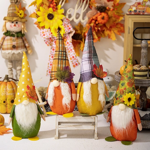 Autunno Ringraziamento Gnomo Decorazioni Bambola di Peluche Senza Volto Foglia di Acero Girasole Stagione del Raccolto Ornamento da Scrivania Stile Nordico Statuetta Rudolf