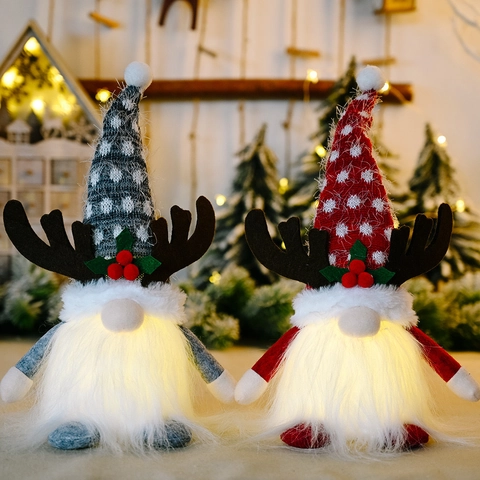 Christmas Reindeer Antler LED Gnome Plush Doll Luminous Nordic Rudolf Faceless Elf Toy Ornament For Xmas Holiday Home Decor