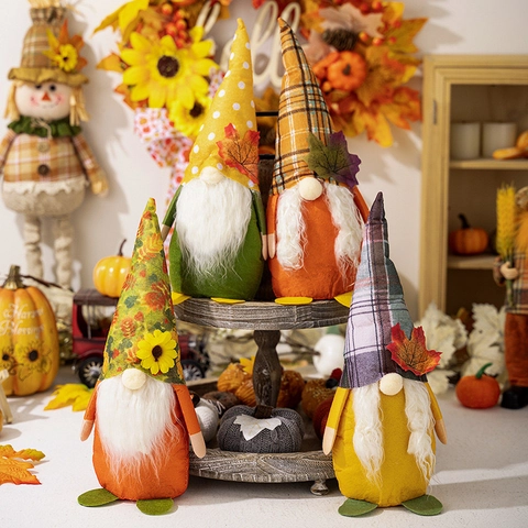 Autunno Ringraziamento Gnomo Decorazioni Bambola di Peluche Senza Volto Foglia di Acero Girasole Stagione del Raccolto Ornamento da Scrivania Stile Nordico Statuetta Rudolf