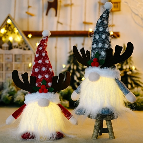 Christmas Reindeer Antler LED Gnome Plush Doll Luminous Nordic Rudolf Faceless Elf Toy Ornament For Xmas Holiday Home Decor