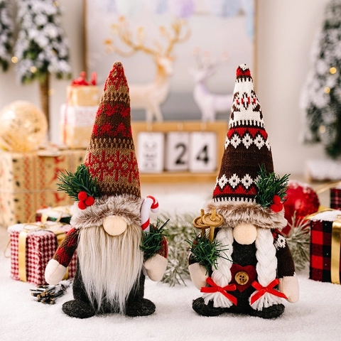 Gnome de Noël Nordique Poupée en Peluche Bonnet en Tricot Figurine Rudolf Avec Branche de Pin Décoration de Table de Noël