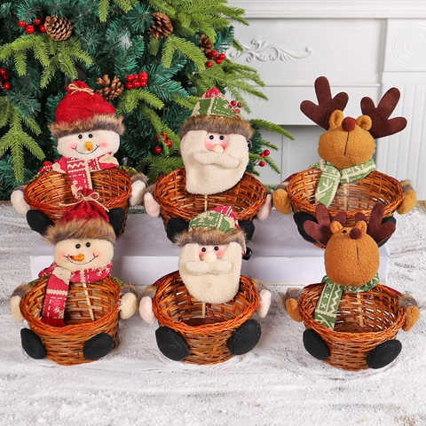 Cesta de Caramelos de Navidad Cesta de Almacenamiento de Madera de Bambú Tejida Con Muñeco de Peluche Papá Noel Muñeco de Nieve Reno Para Decoración de Mesa Regalo Niños
