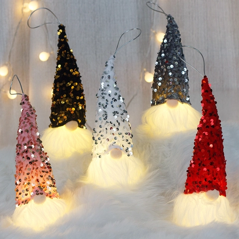 Adorno de Navidad Gnomo con Luces LED y Lentejuelas Muñeco de Peluche Enano sin Rostro Colgante para Árbol de Navidad Decoración del Hogar