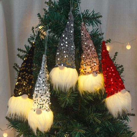 Adorno de Navidad Gnomo con Luces LED y Lentejuelas Muñeco de Peluche Enano sin Rostro Colgante para Árbol de Navidad Decoración del Hogar