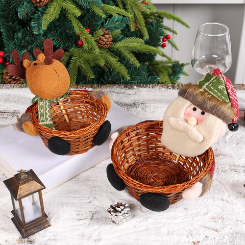 Cesta de Caramelos de Navidad Cesta de Almacenamiento de Madera de Bambú Tejida Con Muñeco de Peluche Papá Noel Muñeco de Nieve Reno Para Decoración de Mesa Regalo Niños