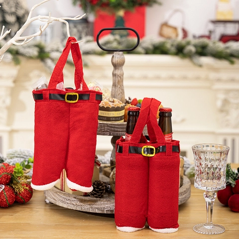Bolsa para Botella de Vino con Pantalones Rojos de Papá Noel de Navidad Bolsa de Regalo Creativa Decoración de Mesa