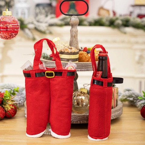 Bolsa para Botella de Vino con Pantalones Rojos de Papá Noel de Navidad Bolsa de Regalo Creativa Decoración de Mesa