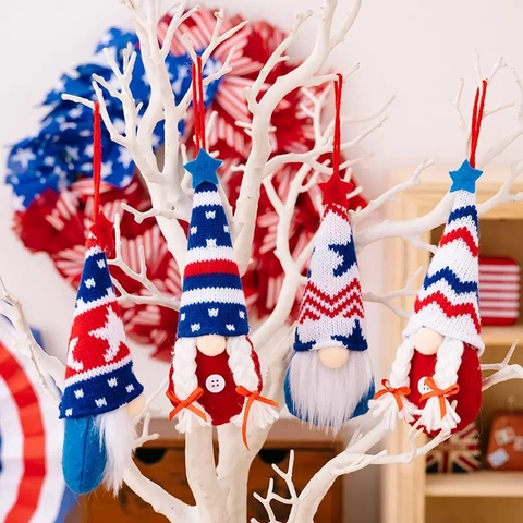 Gnomo Patriottico Decorazione Appesa Giorno Indipendenza Nano Peluche Maglia Rosso Bianco Blu Stelle Strisce Casa Decorazione