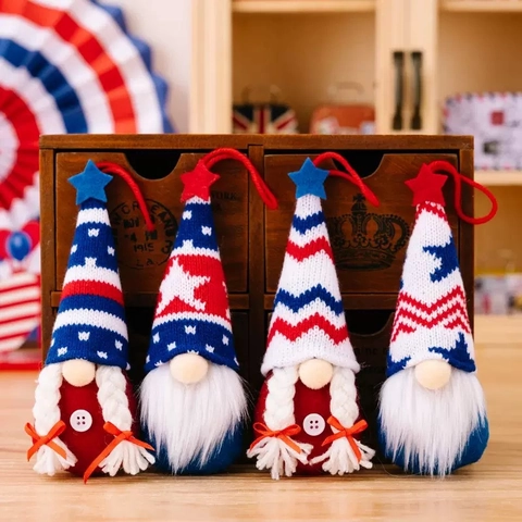 Gnomo Patriottico Decorazione Appesa Giorno Indipendenza Nano Peluche Maglia Rosso Bianco Blu Stelle Strisce Casa Decorazione